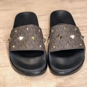 Michael Kors Studded Black and Brown Slide Sandals- Size 9